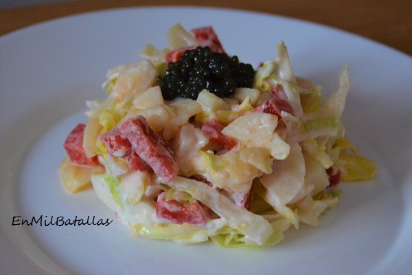 Ensalada de patatas con esferas de carne de esturión - En Mil Batallas