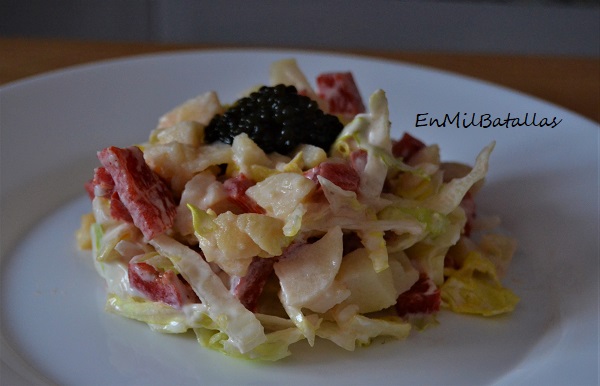 Ensalada de patatas con esferas de carne de esturión - En Mil Batallas